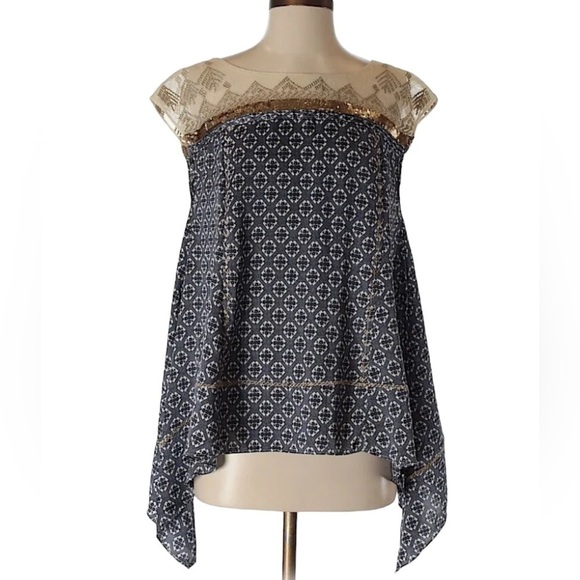 Anthropologie Floreat Gold Stream Sequin Trim Mesh Swing Blouse Size Small - Picture 3 of 16
